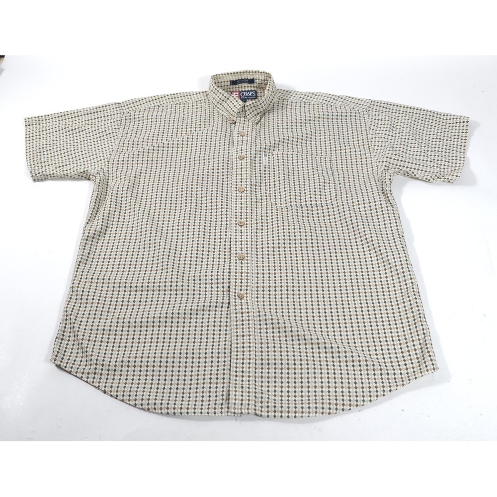 Chaps Button Down Men L Green Brown Geometric Diamond Short Sleeve Y2K Shirt